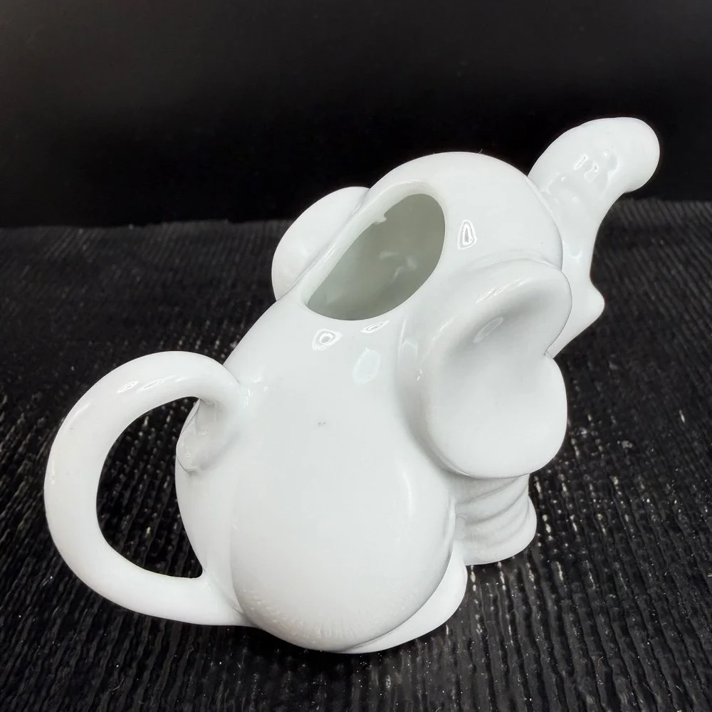 White Porcelain Elephant Creamer Pitcher Glossy Ceramic Animal Coffee Tea Server